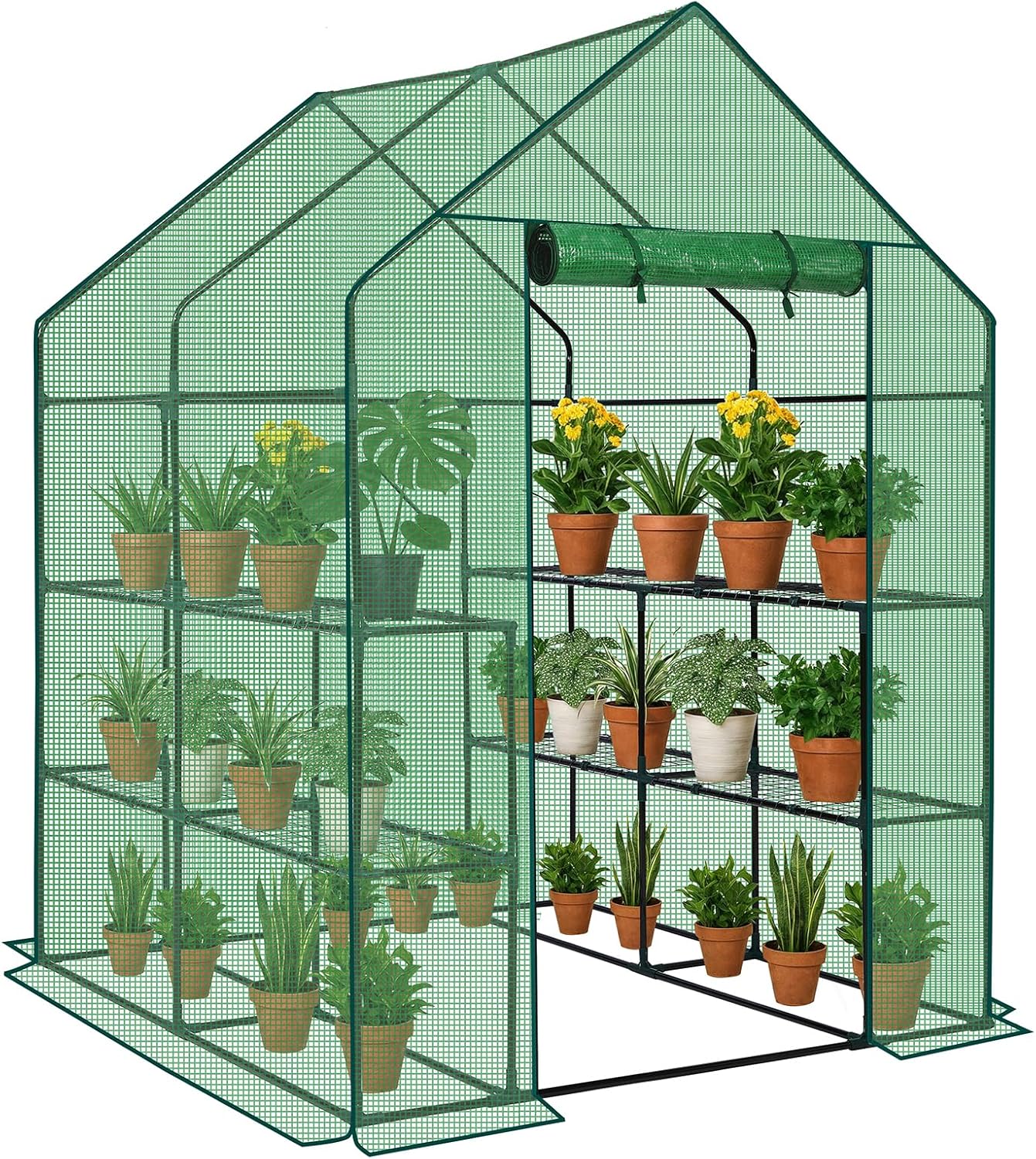 Outvita Walk-in Greenhouse, Outdoor Durable PE Plant Green House for Frost Protection with 3 Tiers 8 Shelves, Shelf Clips, Roll-up Zipper Door, 56"x56"x77" Green