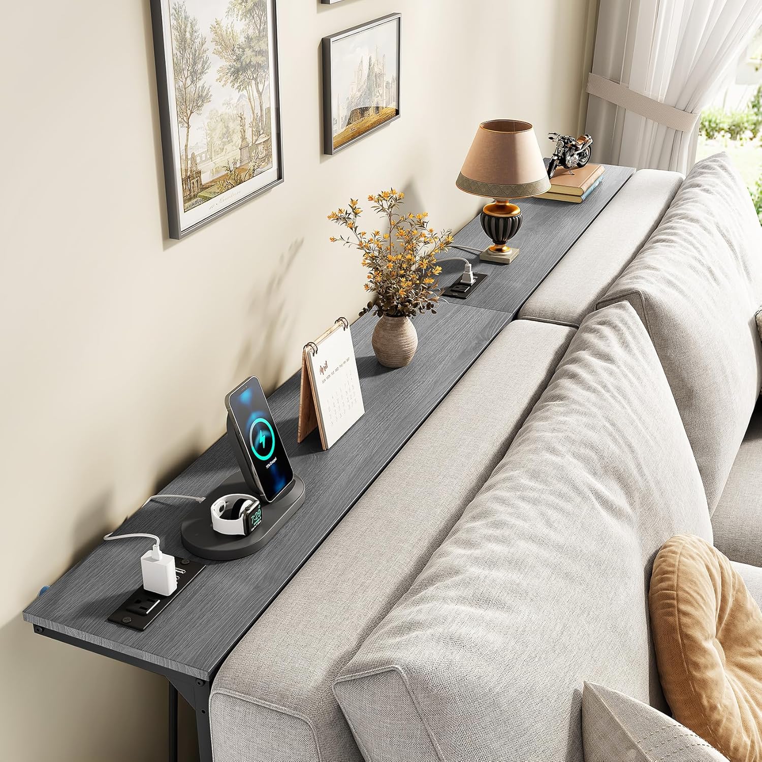 Kitstorack Narrow Sofa Table with Charging Station, 78.8" Behind Couch Table, Adjustable 24.4"-32.7" Height, Modular 2-piece Design for sectionals, entryways, Apartments, and Narrow Living Spaces