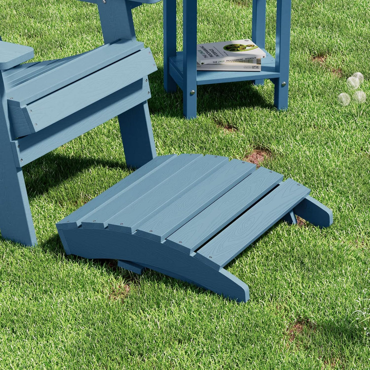 MXIMU Folding Adirondack Ottoman Set of 4: HIPS Plastic Outdoor Footrest Easy Assembly - All Weather Foot Stool Foot Rest for Adirondack Chair Use in Patio Garden Backyard Pool (Blue)