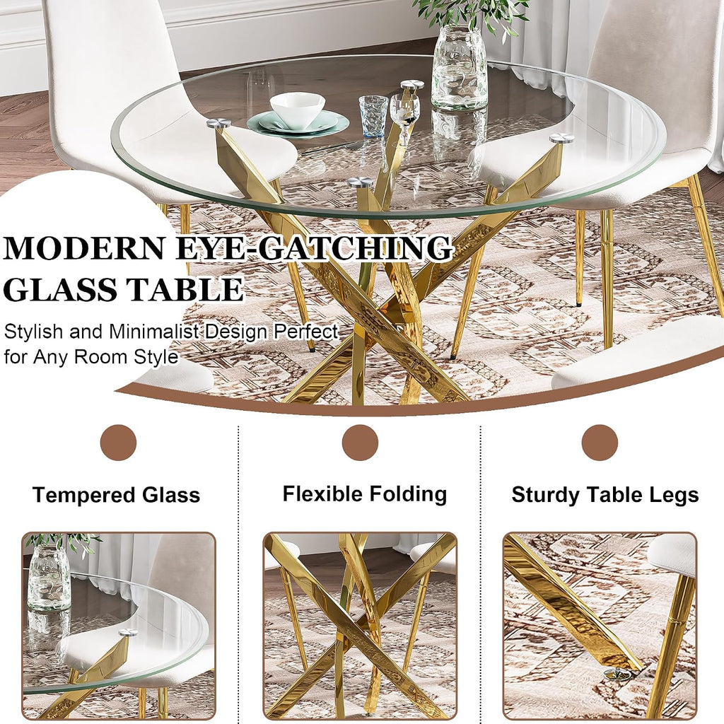 Glass Dining Table Set for 4 with Chairs, Modern 5 Piece Dining Room Set with 36" Round Tempered Glass Table & 4 Velvet Chairs for Kitchen, Apartment, Home (Gold+White)