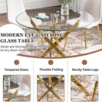 Glass Dining Table Set for 4 with Chairs, Modern 5 Piece Dining Room Set with 36" Round Tempered Glass Table & 4 Velvet Chairs for Kitchen, Apartment, Home (Gold+White)