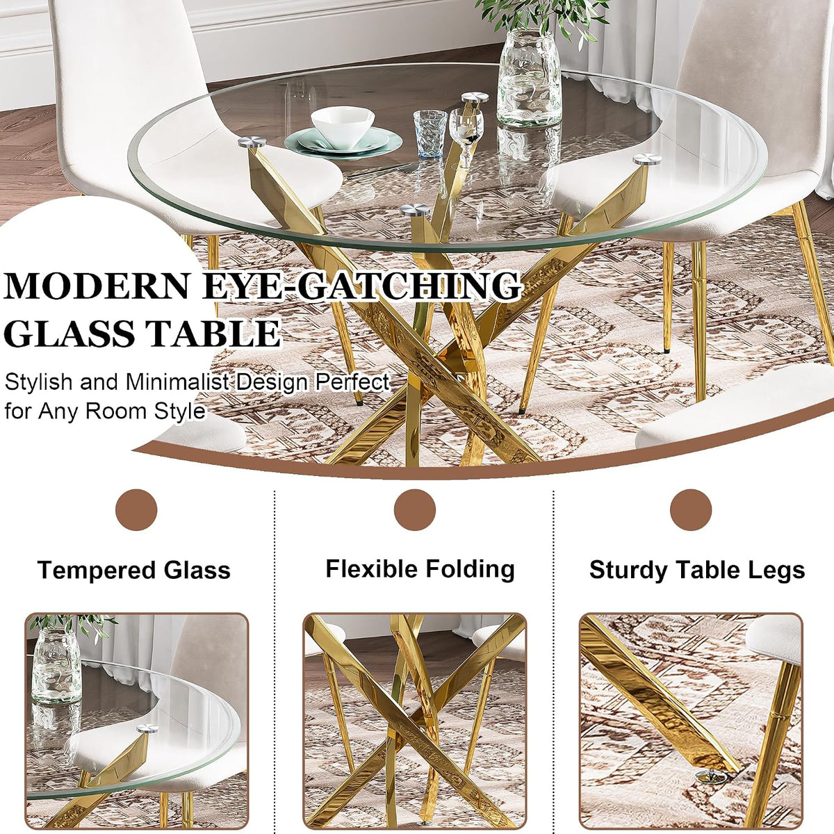 Glass Dining Table Set for 4 with Chairs, Modern 5 Piece Dining Room Set with 36" Round Tempered Glass Table & 4 Velvet Chairs for Kitchen, Apartment, Home (Gold+White)