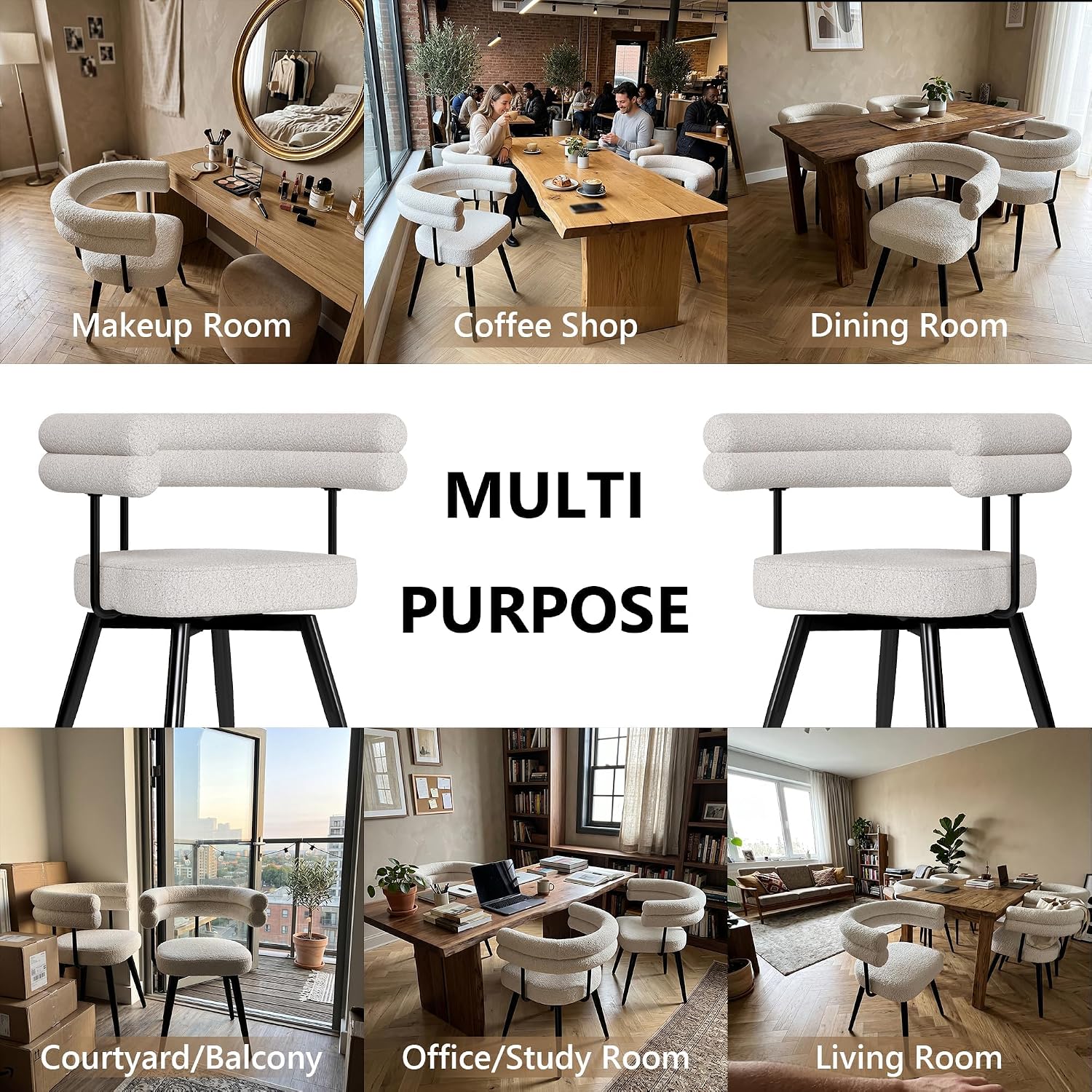 AODAILIHB 360° Swivel Boucle Dining Chairs Set of 2,Modern Upholstered Kitchen Chair with Curved Backrest,Armless Dining Chairs with Metal Legs for Dining Room, Vanity, Living Room, White