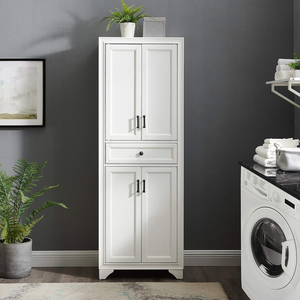 Crosley Furniture Tara Pantry Storage Cabinet with Shelves, Kitchen, Dining, or Laundry Room, Distressed White