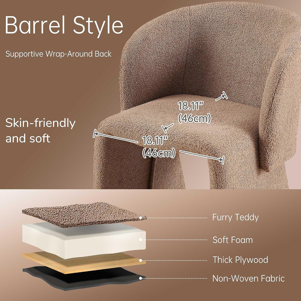 NORDICANA Barrel Dining Room Chairs with Arms, Faux Fur Accent Chairs Set of 2, for Kitchen, Living Room, Upholstered Armchairs, Brown