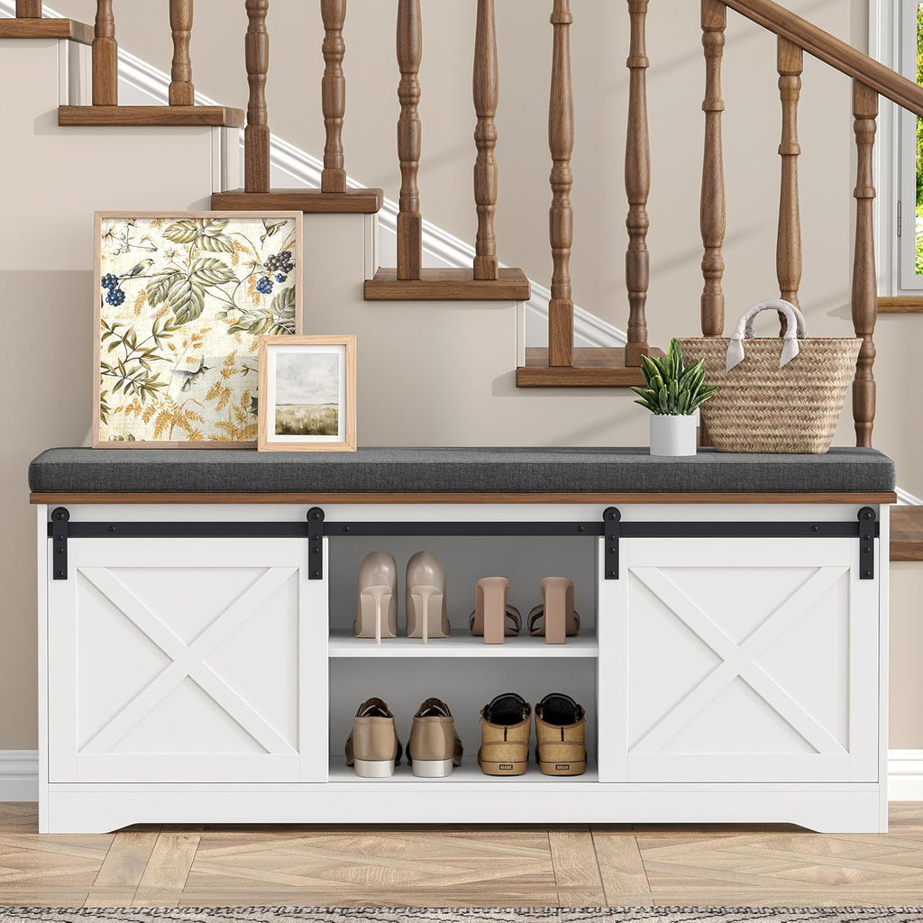 Farmhouse Storage Bench with Cushion, 47.2" Shoe Bench with Slide Barn Doors and Adjustable Shelves, Entryway Bench with Storage for Bedroom, Closet, Living Room, Hallway, White
