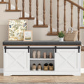 Farmhouse Storage Bench with Cushion, 47.2" Shoe Bench with Slide Barn Doors and Adjustable Shelves, Entryway Bench with Storage for Bedroom, Closet, Living Room, Hallway, White