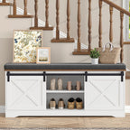 Farmhouse Storage Bench with Cushion, 47.2" Shoe Bench with Slide Barn Doors and Adjustable Shelves, Entryway Bench with Storage for Bedroom, Closet, Living Room, Hallway, White