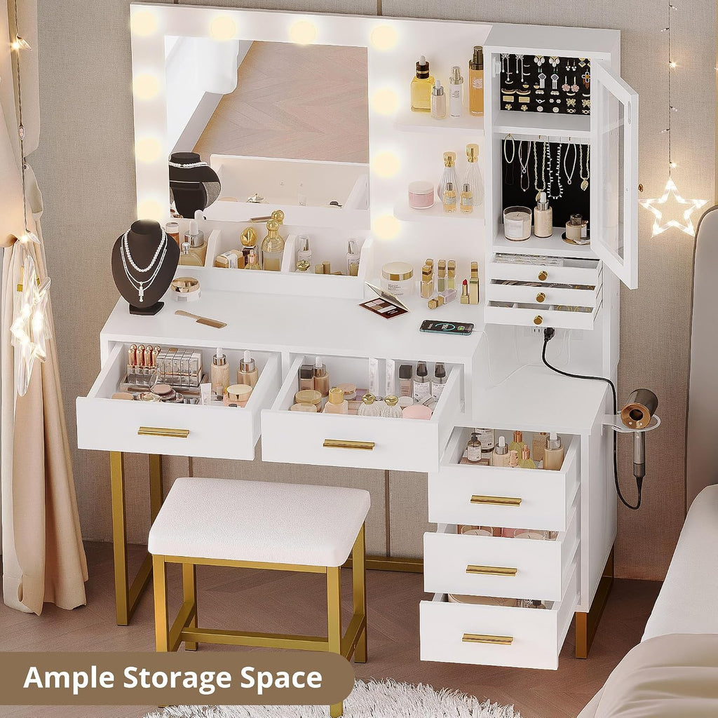 IRONCK Vanity Desk with Mirror and Lights, Jewelry Storage, White & Gold | Makeup Vanity Table with 5 Drawers & Shelves, Power Outlet, Vanity Stool, Dressing Table for Girls Bedroom