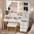 IRONCK Vanity Desk with Mirror and Lights, Jewelry Storage, White & Gold | Makeup Vanity Table with 5 Drawers & Shelves, Power Outlet, Vanity Stool, Dressing Table for Girls Bedroom