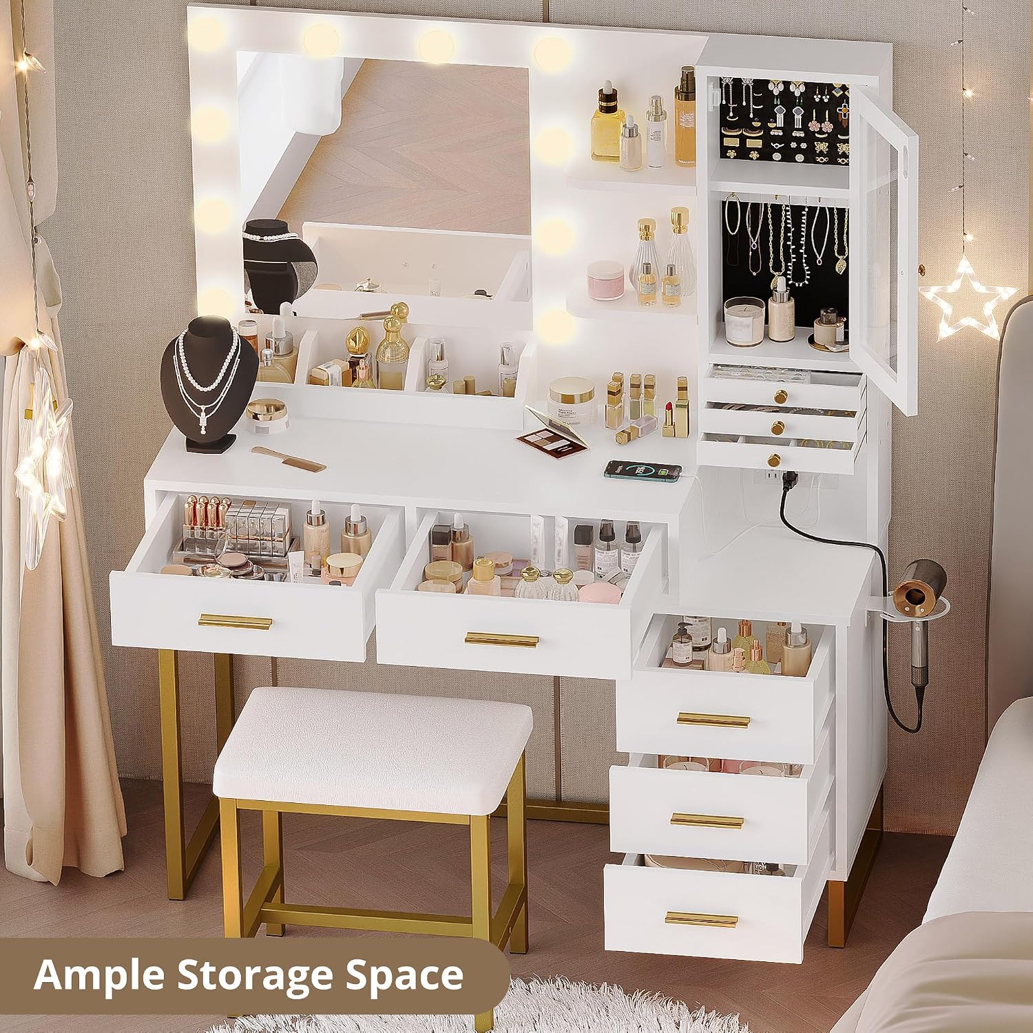 IRONCK Vanity Desk with Mirror and Lights, Jewelry Storage, White & Gold | Makeup Vanity Table with 5 Drawers & Shelves, Power Outlet, Vanity Stool, Dressing Table for Girls Bedroom