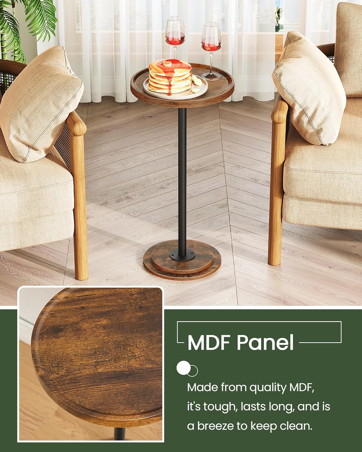 CHOEZON Drink Table, Small Round Side Table for Small Spaces, Pedestal Martini Side Table, for Living Room, Bedroom, Rustic Brown and Black TBZ30BF