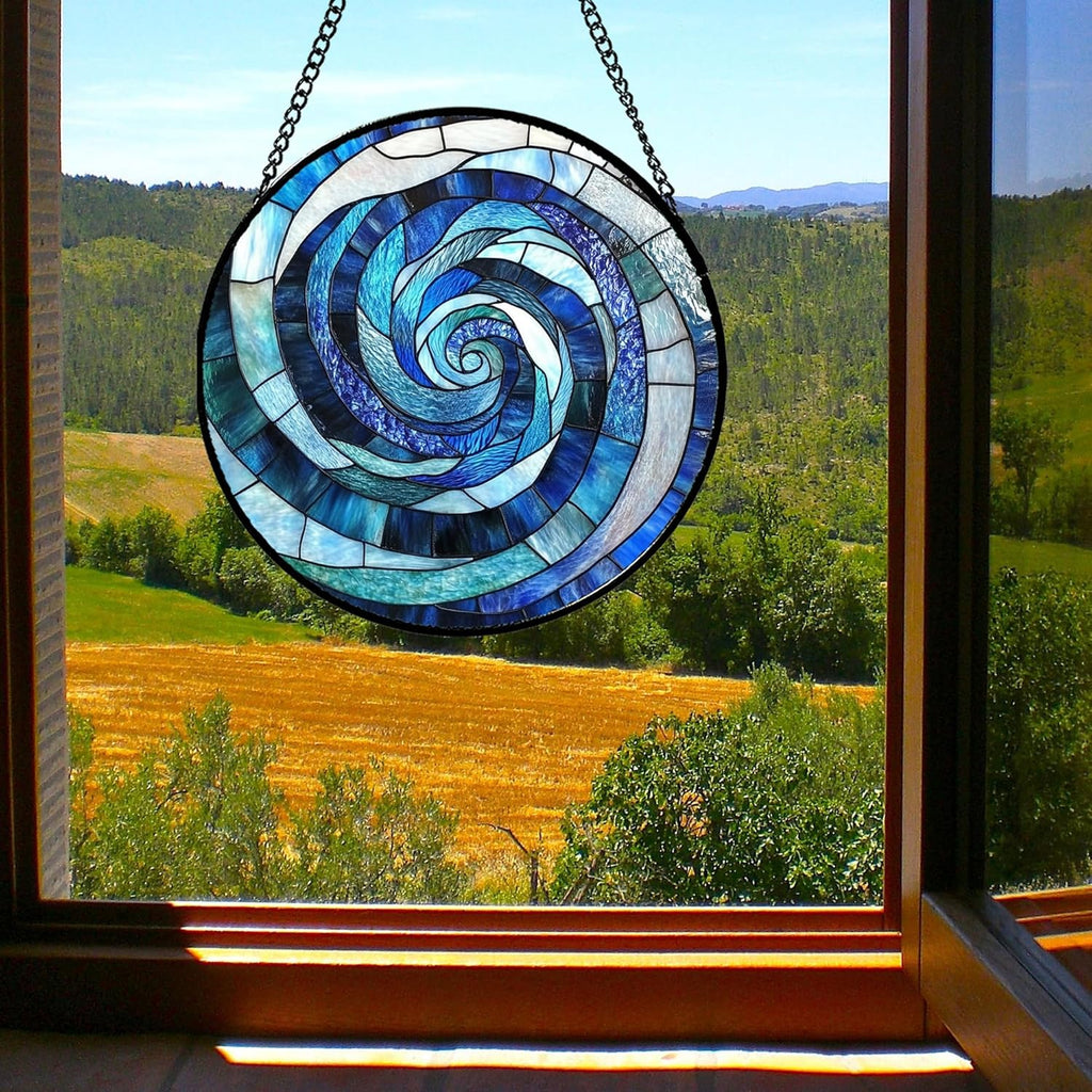 Stained Glass Window Hanging - Blue Abstract Swirl Suncatcher for Doors Garden Patio Unique Sun Catchers Decor Christmas Mother's Day Birthday Gifts for Women Men Mom Nana Friend 7.8 in