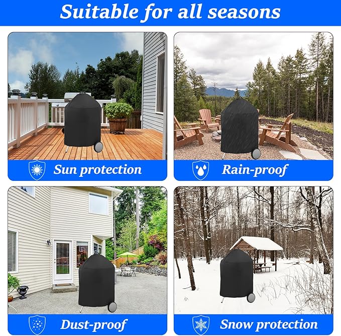 Round BBQ Grill Cover for 22 Inch Charcoal Grills Waterproof, Fade Resistant, UV Resistant Kettle BBQ Grill Cover with Hook & Loop Strap, Dome Smoker Cover, Black (22in)