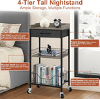 Tall Side Table with Drawer and Shelves, Narrow End Table with Optional Wheels, 4-Tier Small Side Table, 30" High for Living Room, Bedroom, Bathroom, Black & Grey