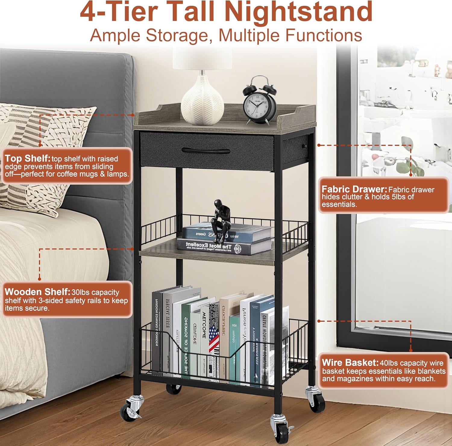 Tall Side Table with Drawer and Shelves, Narrow End Table with Optional Wheels, 4-Tier Small Side Table, 30" High for Living Room, Bedroom, Bathroom, Black & Grey