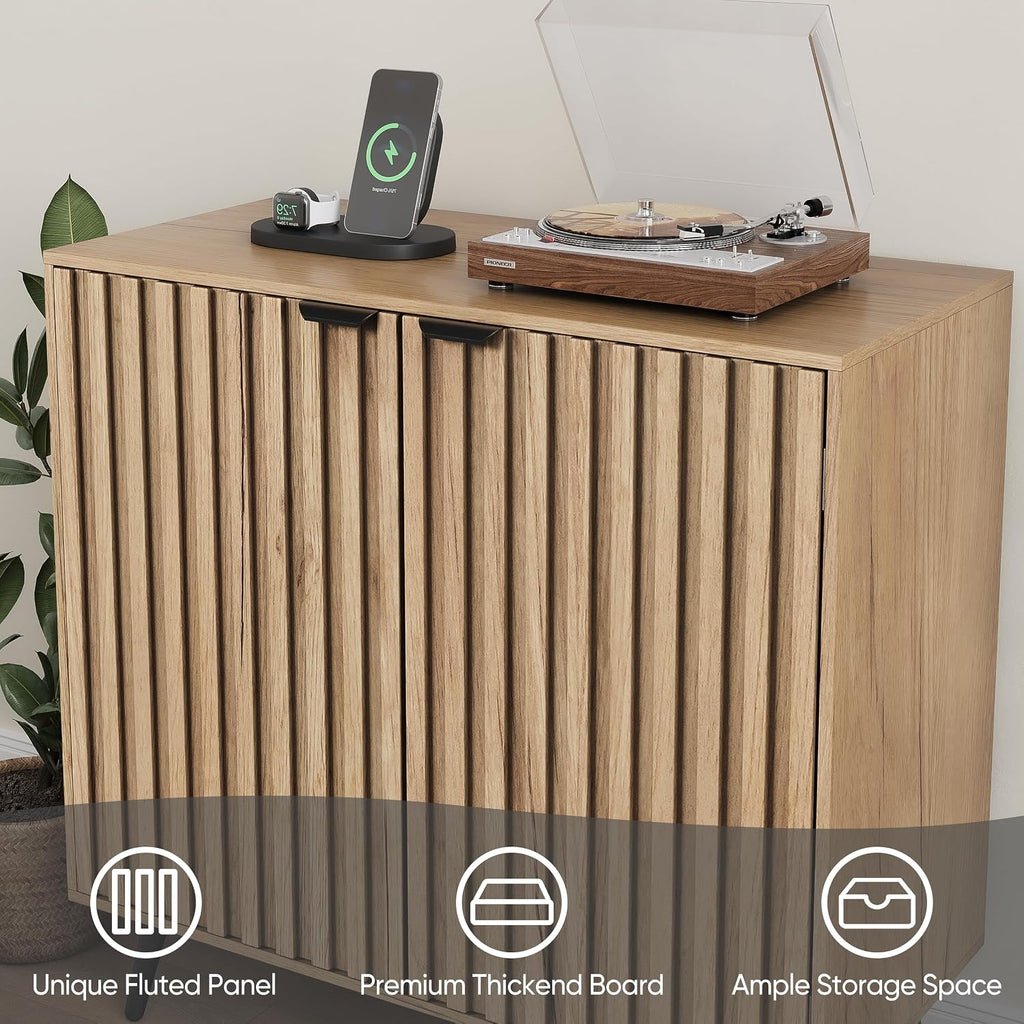Smuxee Fluted Sideboard Cabinet, Freestanding Natural Buffet Cabinet with Adjustable Shelf, Wood Storage Cabinet for Living Room, Entryway, Hallway