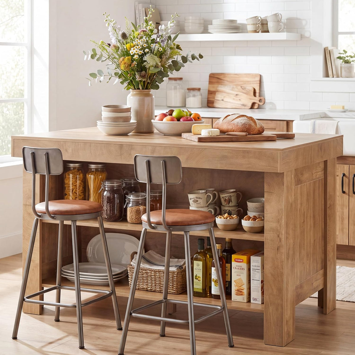 Tribesigns 55" Kitchen Island with Storage & Seating (Natural Brown | Farmhouse Wooden Island with Stationary Worktop, Open Shelves, and Legroom, Dining Prep Station for Home Kitchen