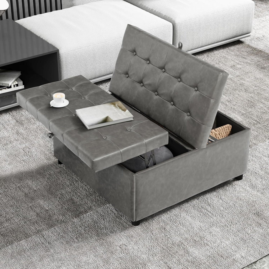 LINLUX Grey Leather 36 Inch Square Large Living Room Lift Top Ottoma | LINLUX Tufted Upholstered Shoe Storage Entry Bench, Bed Benches For Foot Rest, Lift Footrest For Dorm Bedroom Office