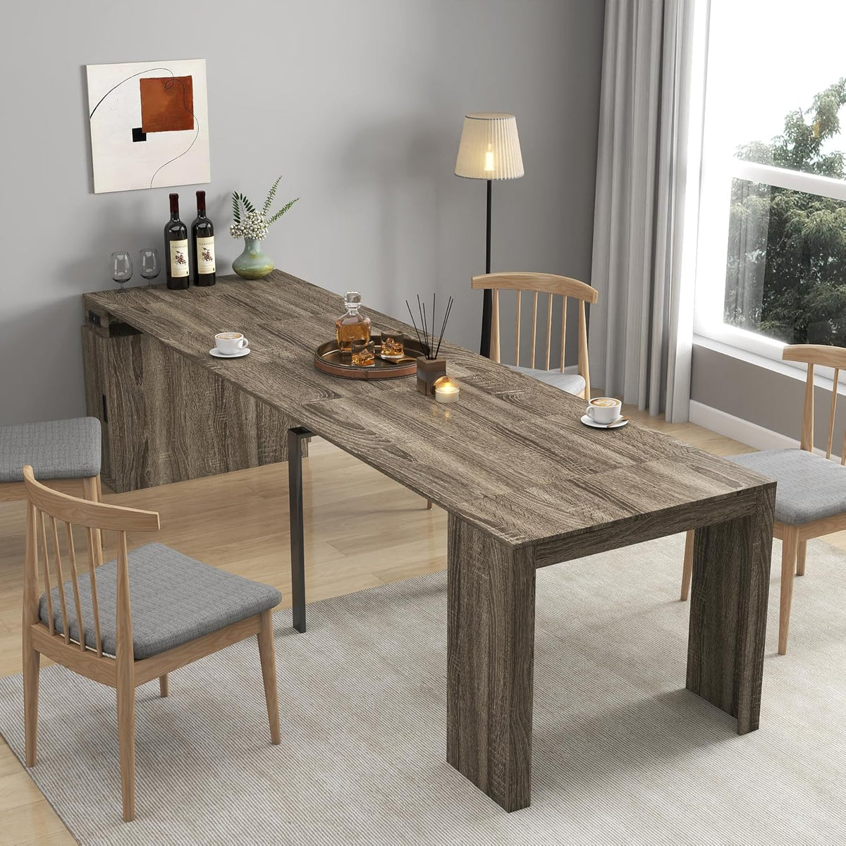 Extendable Dining Table with Storage, Transformer Extra Console Table for 1-12 People, Folding Space Saving Dining Room Table with Built-in Outlet for Homes, Apartments, Oak
