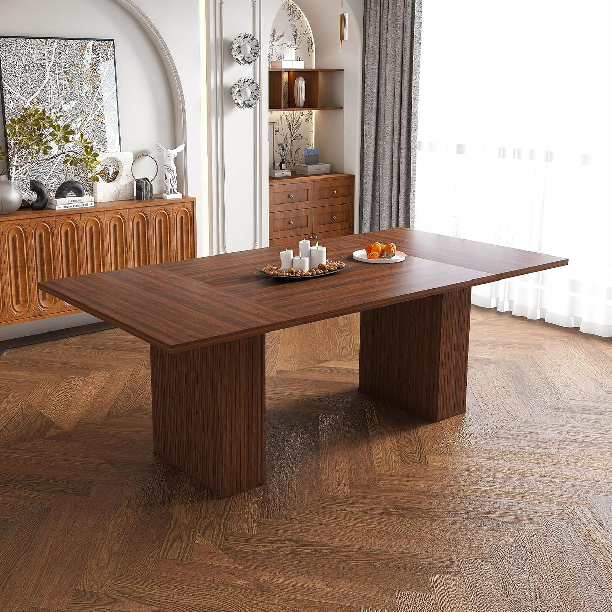kevinplus78.74'' Rectangular Wood Dining Table with Hidden Storage Space for 4-6, Modern Midcentury Kitchen Dinner Table for Dining Room Living Room, Easy Assembly, Walnut