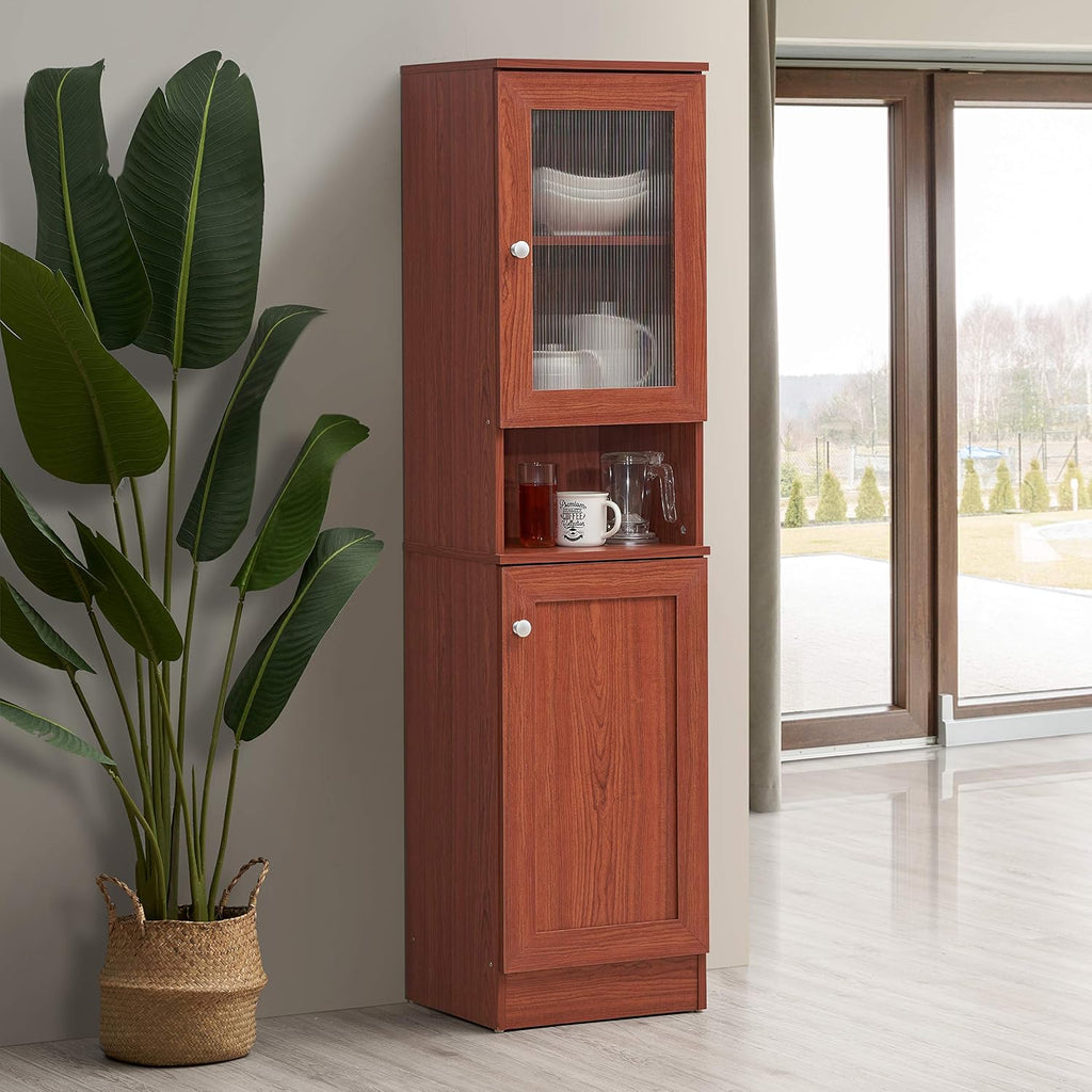 Hodedah 63"" Tall Slim Open Shelf Plus Top and Bottom Enclosed Storage Kitchen Pantry, Cherry (HIK93 Cherry)