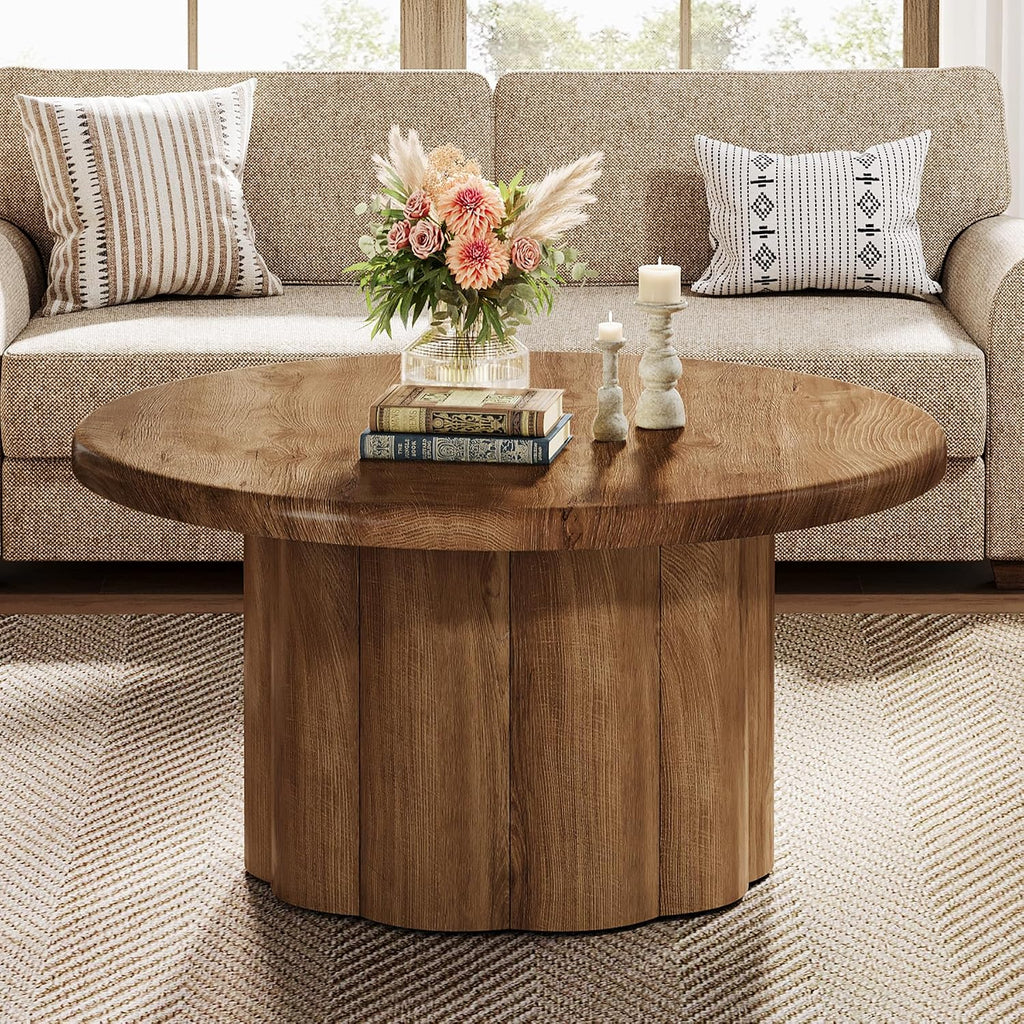 Tribesigns 31.5" Round Coffee Table for Living Room, Farmhouse Circle Center Cocktail Table with Fluted Drum Base, Wooden Living Room Furniture for Apartment, Small Space, Brown