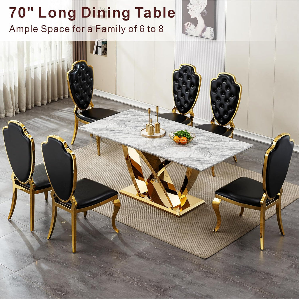 Modern Dining Table 70" Rectangular Kitchen Table with Imitation Marble Grain MDF Wooden Top & Iniregular Gold Base,Faux Marble Dinner Furniture for Kitchen Dining Room/Meeting Room
