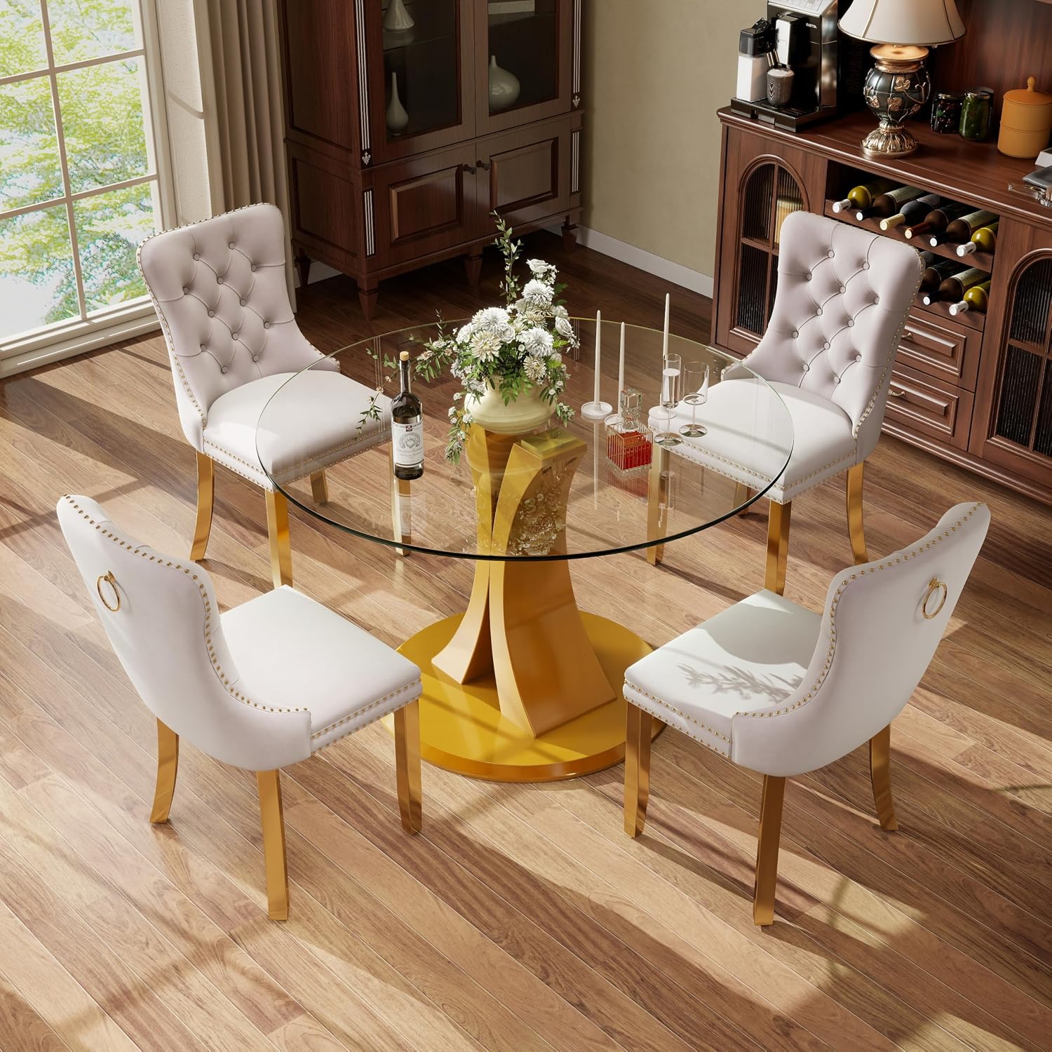 5-Piece Dining Table Set with 39In Tempered Glass Table and 4 Velvet Upholstered Chairs, Modern Scandinavian Furniture for Dining Room Kitchen(Beige&Gold)