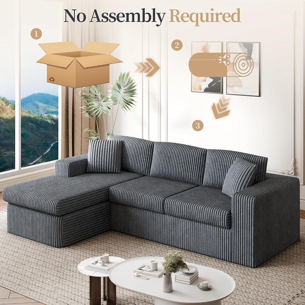 Vongrasig 105" Couches for Living Room,Sectional Couches Modular Sofa with L-Shaped Chaise, Memory Foam Comfy Cloud Couch with Plush Corduroy Fabric, No Assembly Required, (Dark Grey)