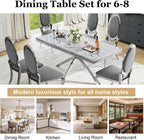 Luxury 7-Piece Dining Room Set, 70 Inch Silver Large Kitchen Table with Oval Velvet Chair, for 4-6 People, Living Room, Kitchen, Home (White Top + 6 Grey Chairs)