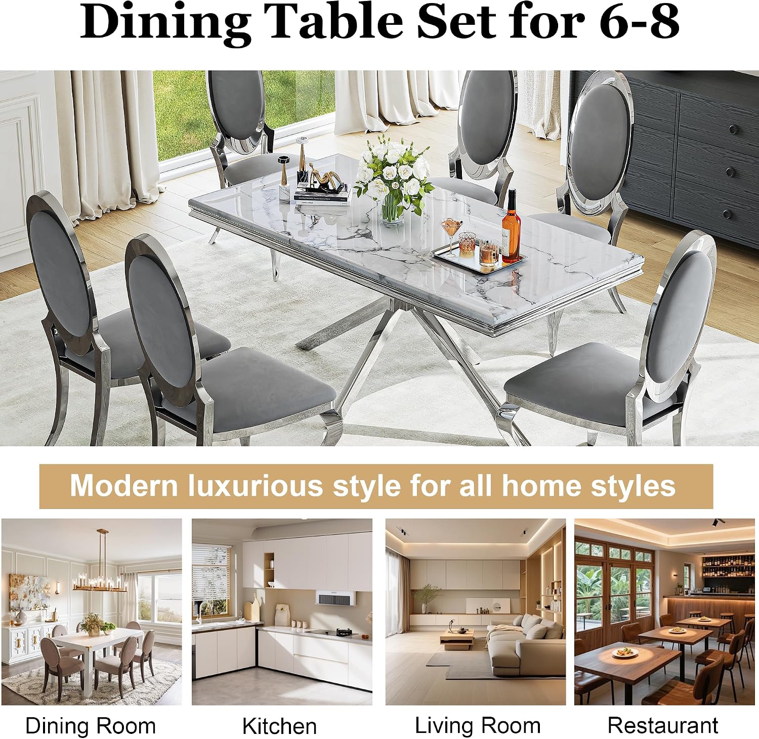 Luxury 7-Piece Dining Room Set, 70 Inch Silver Large Kitchen Table with Oval Velvet Chair, for 4-6 People, Living Room, Kitchen, Home (White Top + 6 Grey Chairs)