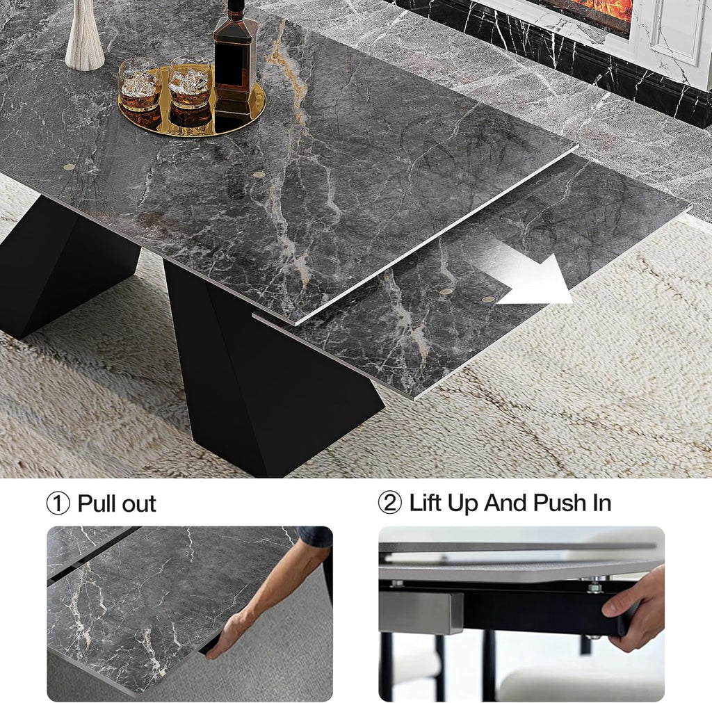 Telescoping Faux Marble Table 63-94.49" Adjustable Length 8-10 People Heavy Duty Carbon Steel Base for Kitchen Dining Room Family Party (62.99''-94.48'' Bonnes)