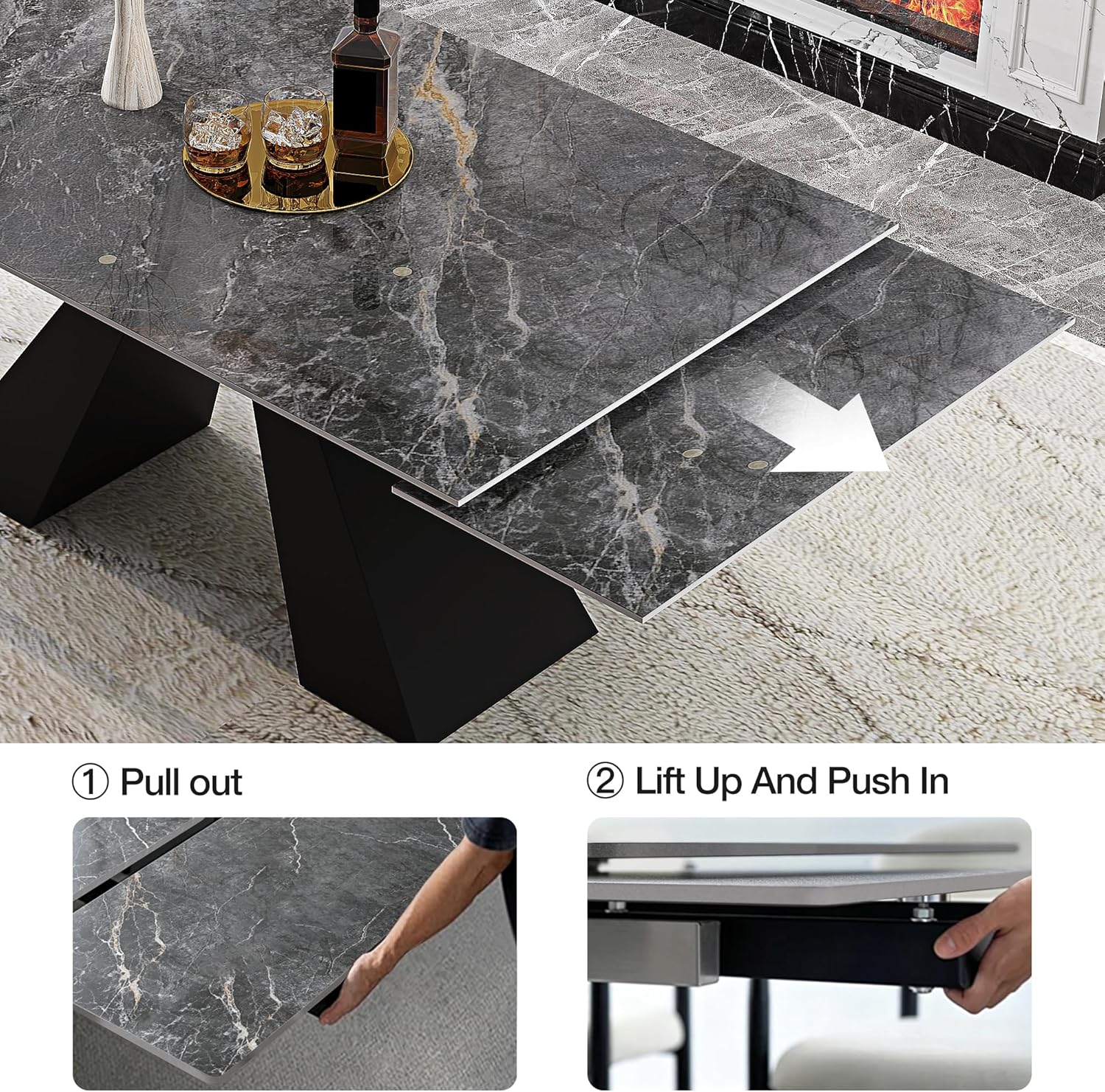 Telescoping Faux Marble Table 63-94.49" Adjustable Length 8-10 People Heavy Duty Carbon Steel Base for Kitchen Dining Room Family Party (62.99''-94.48'' Bonnes)