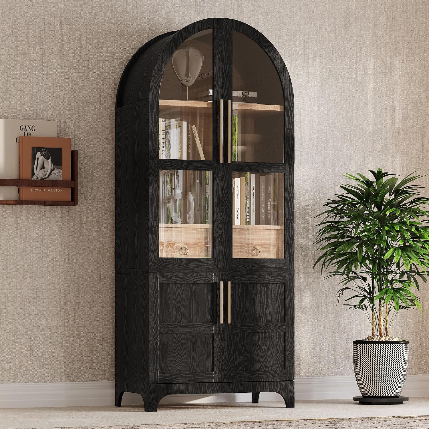 71" Tall Arched Pantry Cabinet with Glass Doors and Adjustable Shelves, Farmhouse Arched Pantry Cabinet with Drawer for Kitchen, Dining Room, Living Room, Bathroom, Black