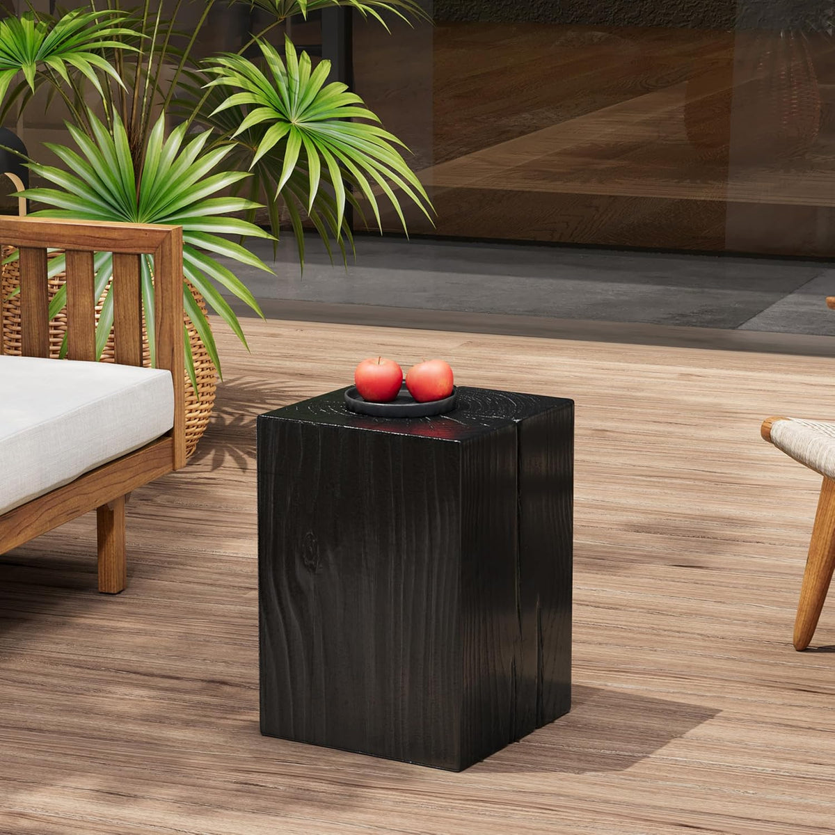 H18'' Square Side Table End Table for Living Room, Modern Farmhouse Countryside Style, MGO Material for Indoor & Outdoor, Natural Wood Grain, No Assembly, Black