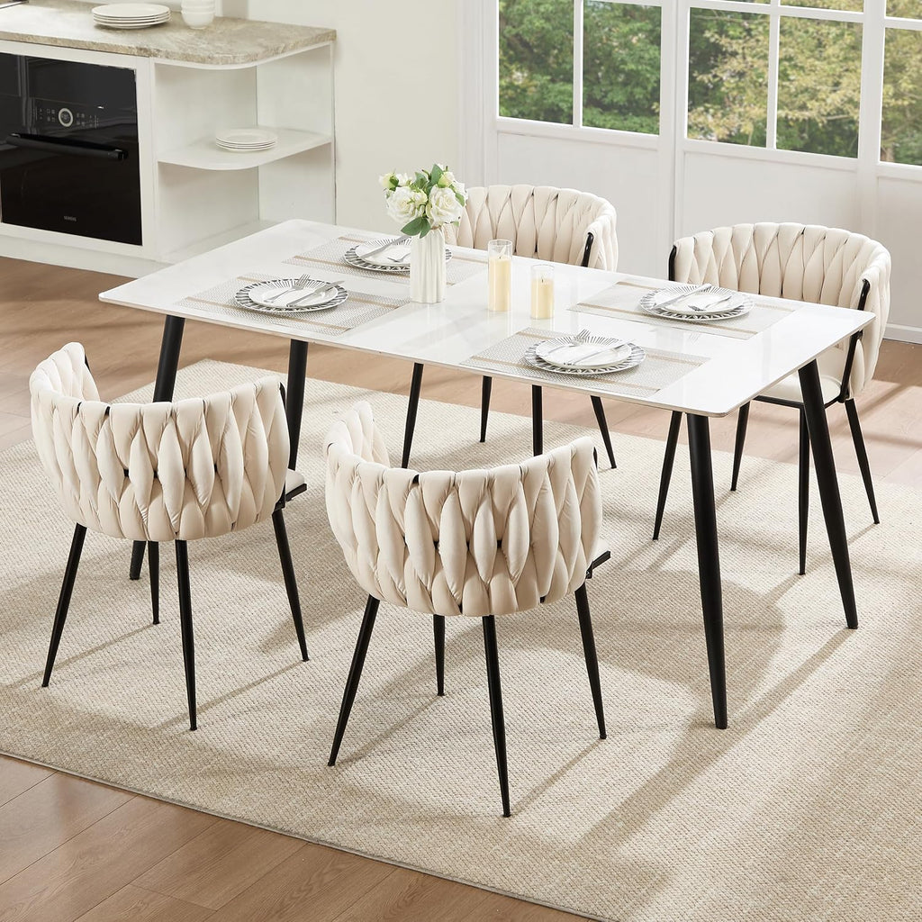 Velvet Dining Chairs Set of 4 with Black Metal Legs,White | Modern Accent Chairs with Upholstered, Woven Backrest, for Living Room, Dining Room, Kitchen,Easy and Quick Assembly