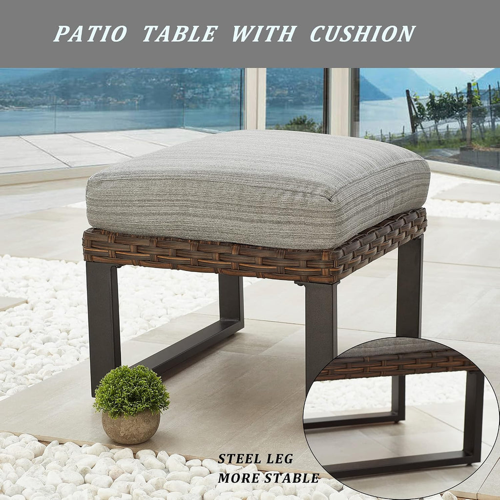 LOKATSE HOME Patio Ottoman Wicker Outdoor Footstool Rest Small Seat Rattan Furniture Cushioned Coffee Table Steel U-Shape Legs for Garden Yard Lawn Deck Poolside