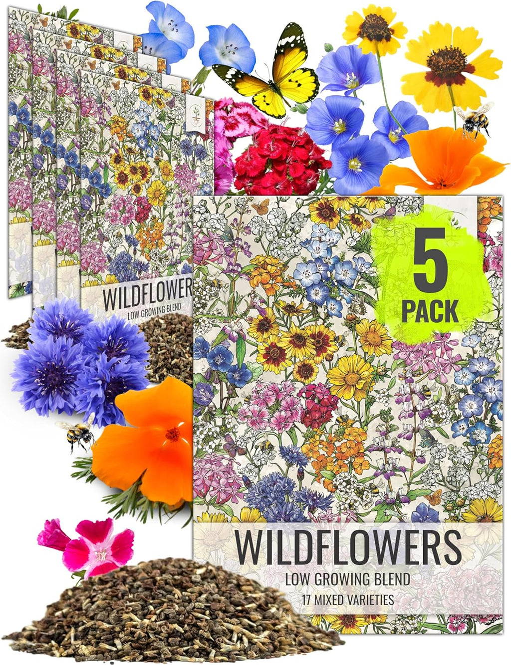 Seed Needs Low Growing Wildflower Flower Seeds for Planting | 5 Packs (1 Ounce Each) Mixture/Blend 17 Varieties | Resealable Package Multicolored Blooms Open Pollinated Mixed Species | Bulk