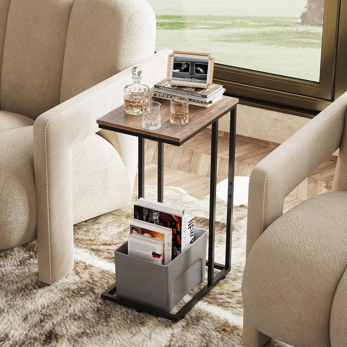 WLIVE C Shaped End Table, Small Side Tables for Sofa and Bed, Couch Table That Slides Under for Living Room, Bedroom, Home Office, Small Spaces