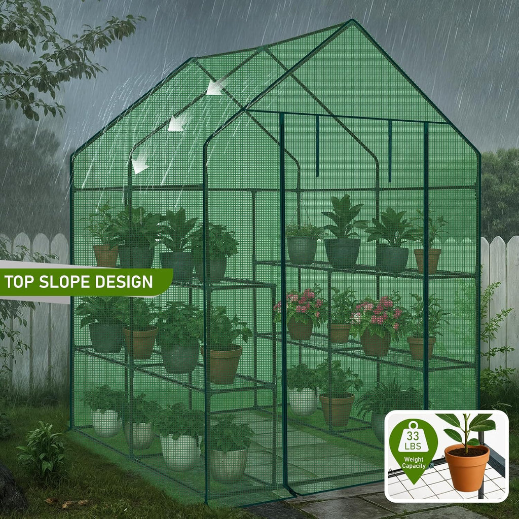 Outvita Walk-in Greenhouse, Outdoor Durable PE Plant Green House for Frost Protection with 3 Tiers 8 Shelves, Shelf Clips, Roll-up Zipper Door, 56"x56"x77" Green
