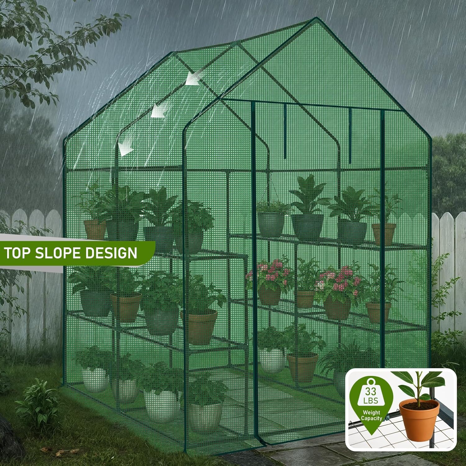 Outvita Walk-in Greenhouse, Outdoor Durable PE Plant Green House for Frost Protection with 3 Tiers 8 Shelves, Shelf Clips, Roll-up Zipper Door, 56"x56"x77" Green
