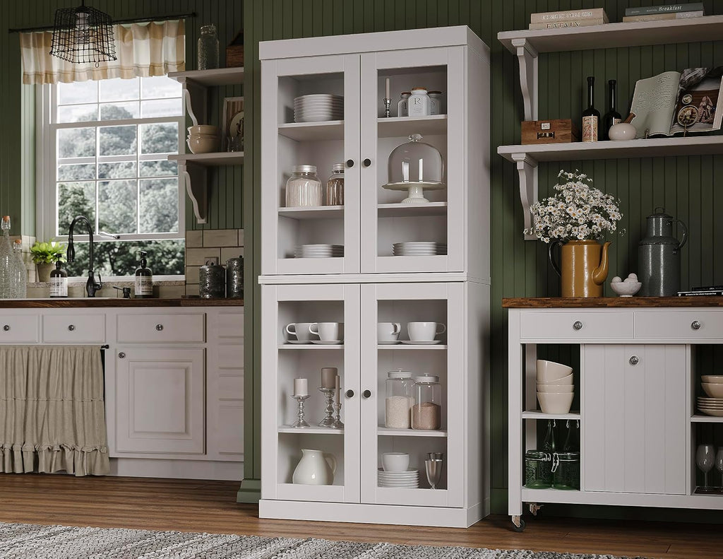 Palace Imports 100% Solid Wood Kitchen Pantry w/ 4 Glass Doors, White, 32" w x 71.5" h, Renewable Eco-Friendly Wood, Made in Brazil