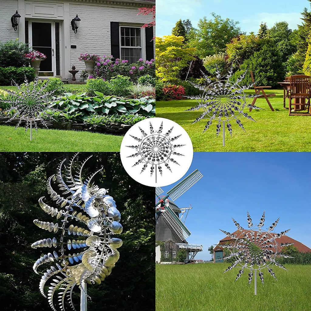 Magical Metal Windmill, Stainless Steel Windmill,Kinetic Metal Wind Spinners Garden Stake, 3D Wind Sculptures Move with The Wind Lawn Solar Wind Catcher Outdoor Patio Garden Decoration (SILVER-1PCS)