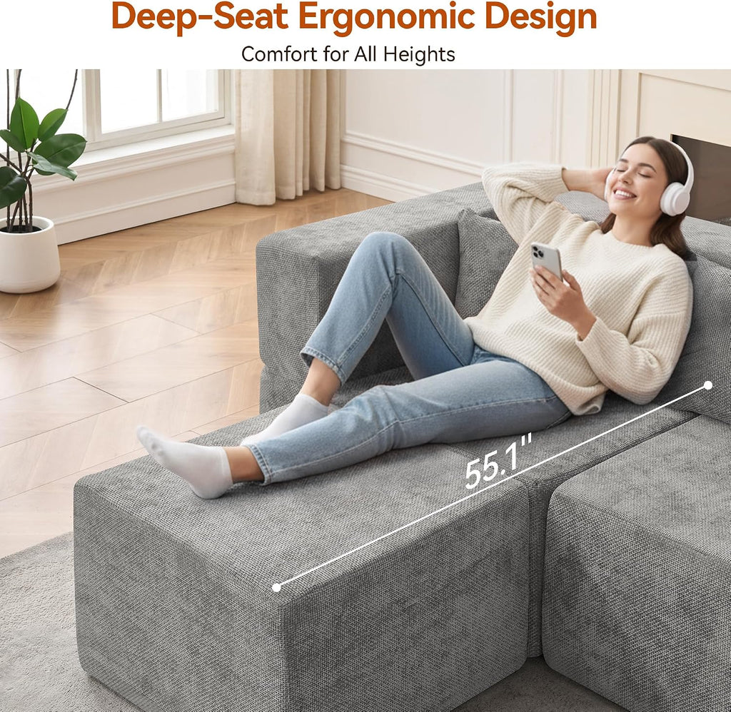 MONVANE 103'' Modular Sectional Sofa, Cloud Sectional Couch with Ottoman, Convertible Chenille L Shaped Couch with Deep Seat, Sectional Couches for Living Room, No Assembly Required, Light Grey