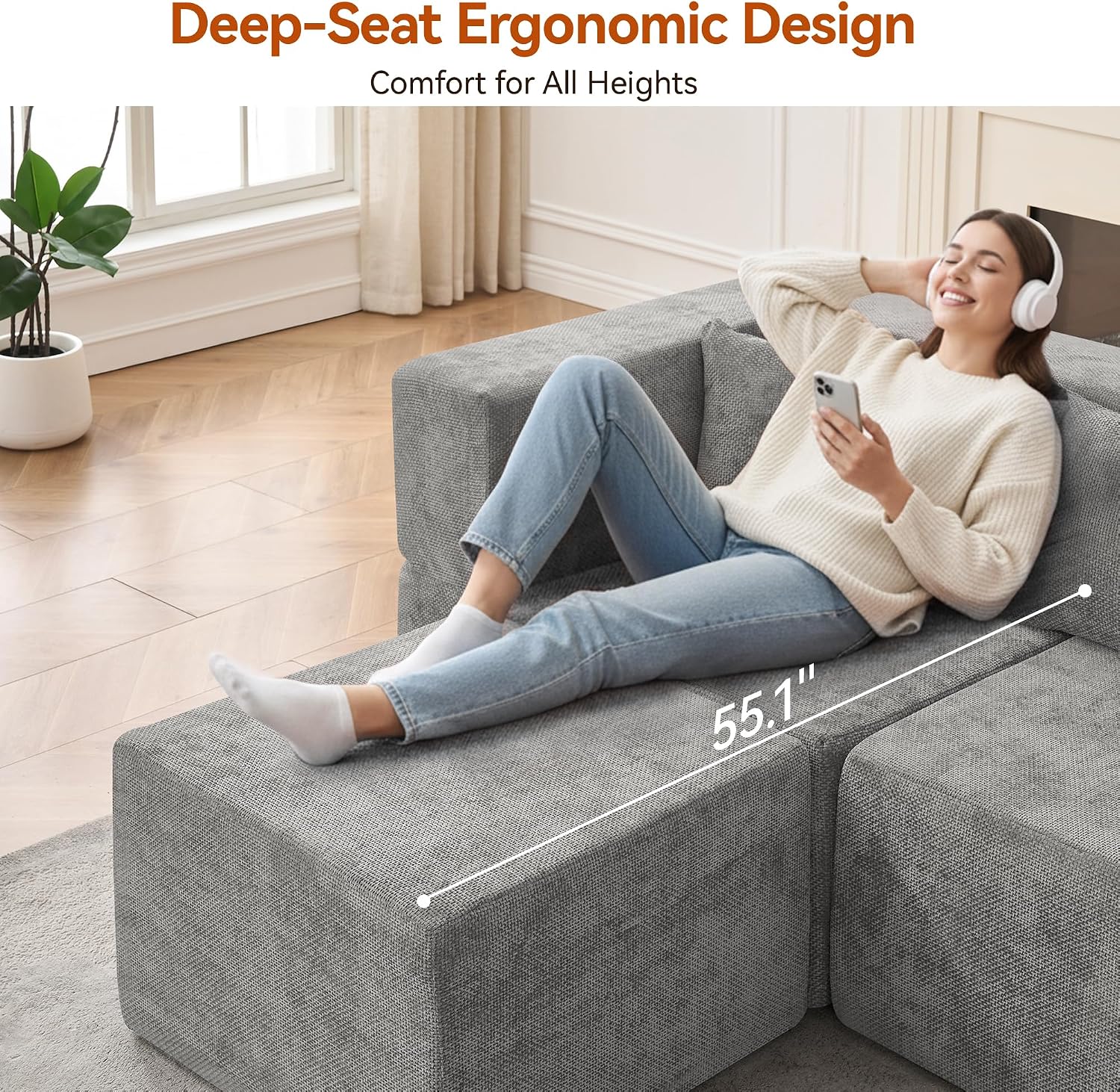 MONVANE 103'' Modular Sectional Sofa, Cloud Sectional Couch with Ottoman, Convertible Chenille L Shaped Couch with Deep Seat, Sectional Couches for Living Room, No Assembly Required, Light Grey