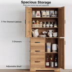 IRONCK Pantry Cabinet, Storage Cabinet with 3 Door & Drawer, Oak Brown | Adjustable Shelf. 67.5inch Tall. 5 Tier Freestanding. 150 lbs Per Shelf. Farmhouse Style. FSC-certified Wood. Anti-tip.