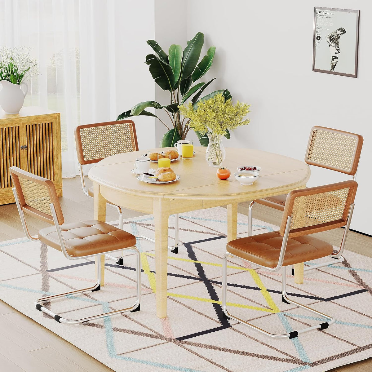 Rattan Dining Chairs Set of 2 Mid Century Modern Kitchen Chairs with Natural Rattan Backrest Oak Frame and Upholstered Pu Seat Chairs with Metal Legs