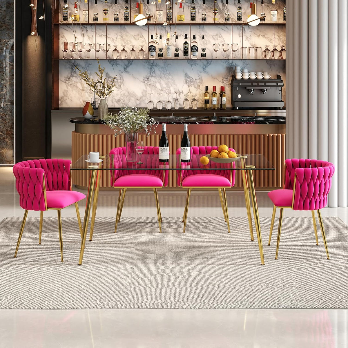 Baysitone 63" Modern Glass Dining Table with 4 Hot Pink Velvet Dining Chairs, Gold Metal Legs - Stylish 5-Piece Dining Set for Home