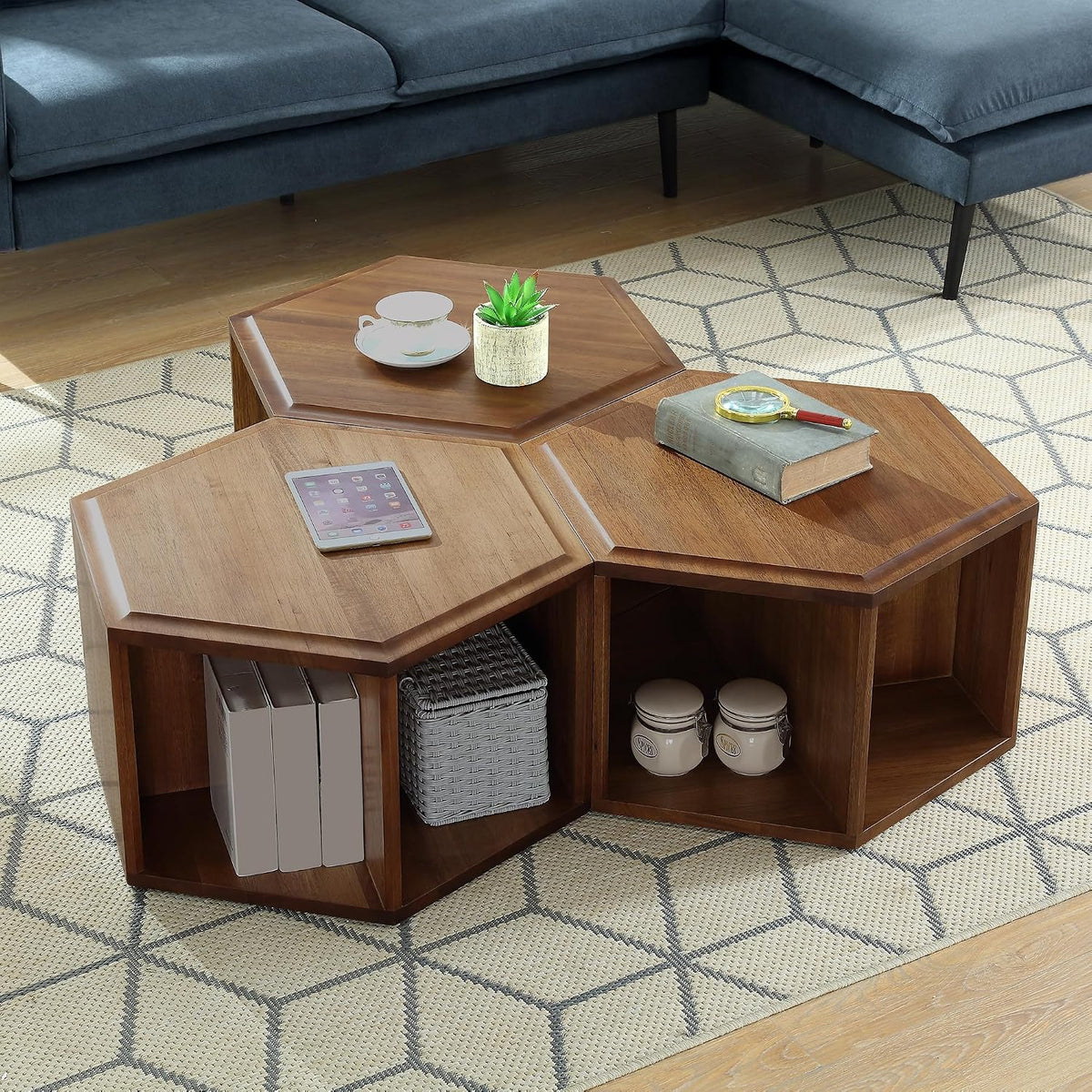 LEEMTORIG Hexagonal Narrow Solid Wood End Table, Multi Purpose Coffee Table with 2-Tier Storage Shelves, Modern Cherry Walnut Side Table for Living Room, 22.3" Dx13.9 Wx19.4 H, No Assembly, CJ-005